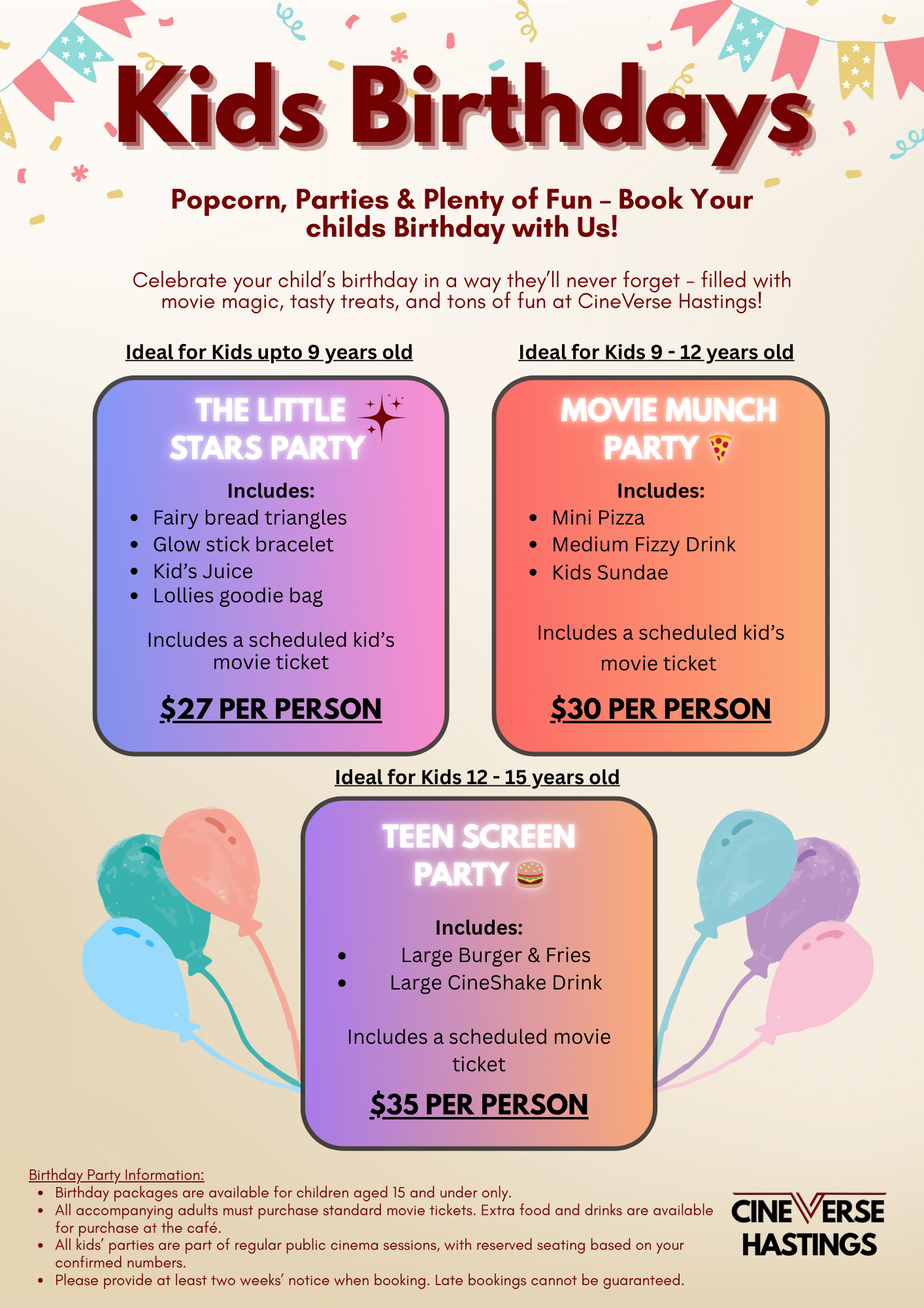 Cineverse Hastings Kids Birthday Packages
